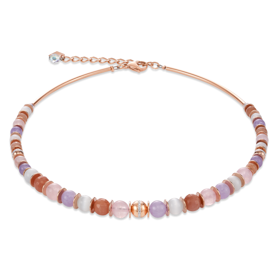Halskette Kugel Edelsteine, Edelstahl roségold & Pavé-Kristalle rosa-beige
