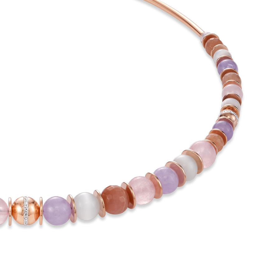 Halskette Kugel Edelsteine, Edelstahl roségold & Pavé-Kristalle rosa-beige