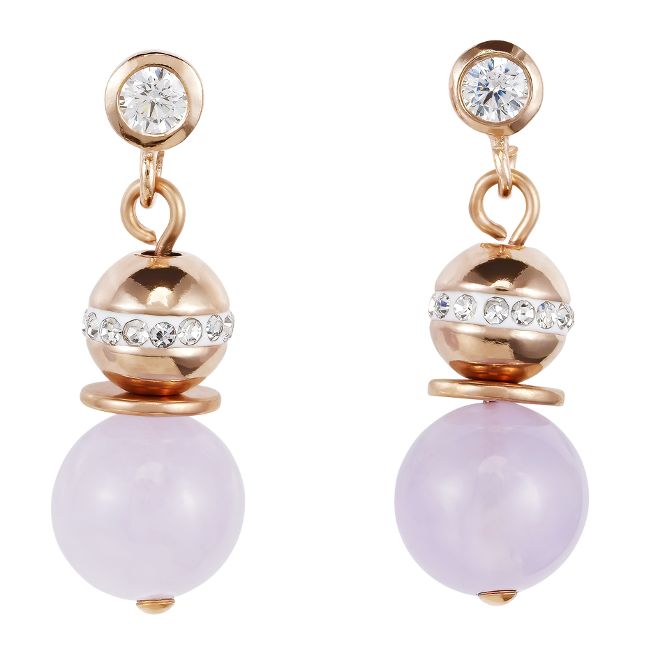 Ohrringe Kugel Edelsteine, Edelstahl roségold & Pavé-Kristalle rosa-beige