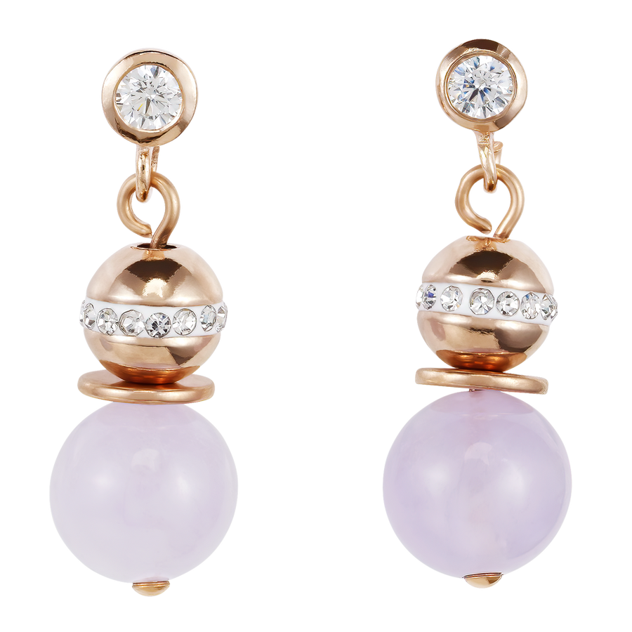 Ohrringe Kugel Edelsteine, Edelstahl roségold & Pavé-Kristalle rosa-beige