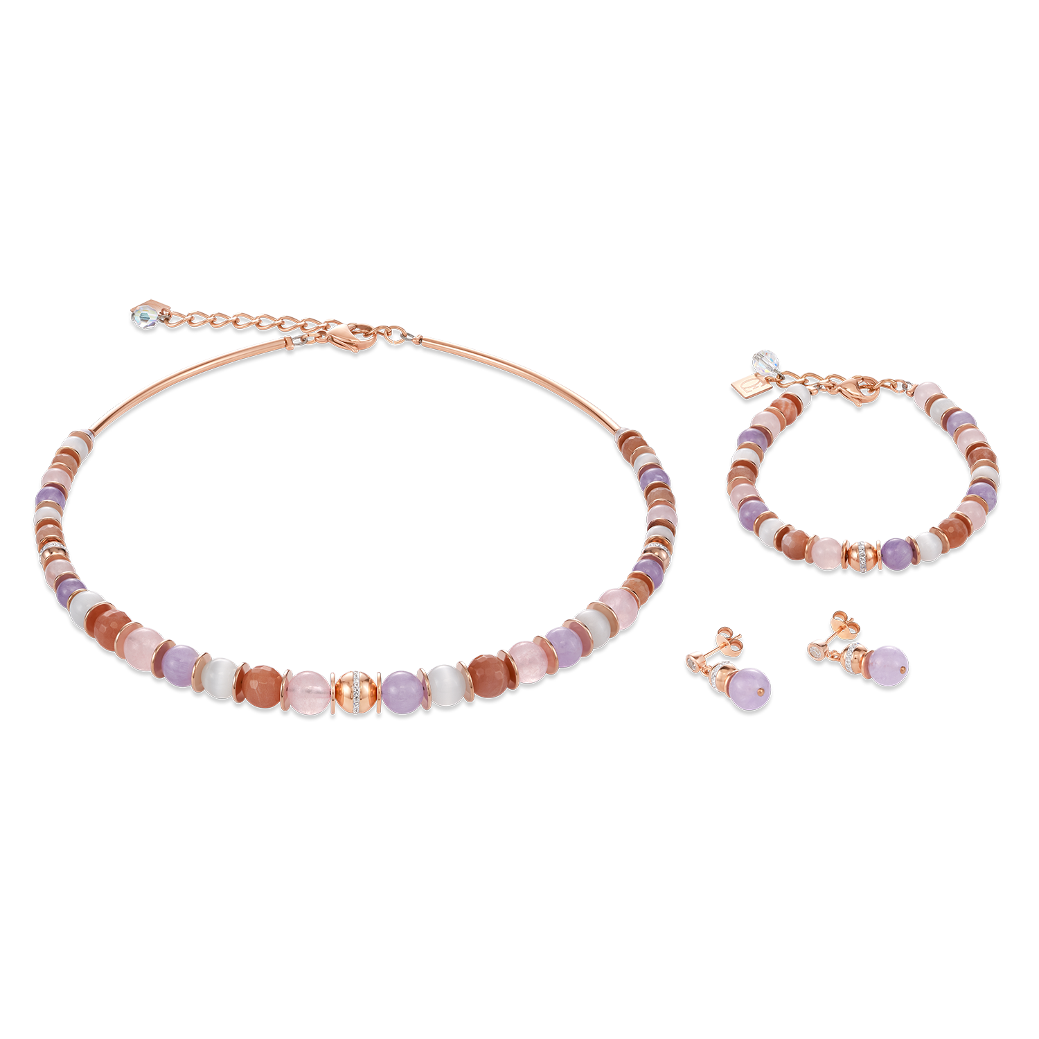 Ohrringe Kugel Edelsteine, Edelstahl roségold & Pavé-Kristalle rosa-beige