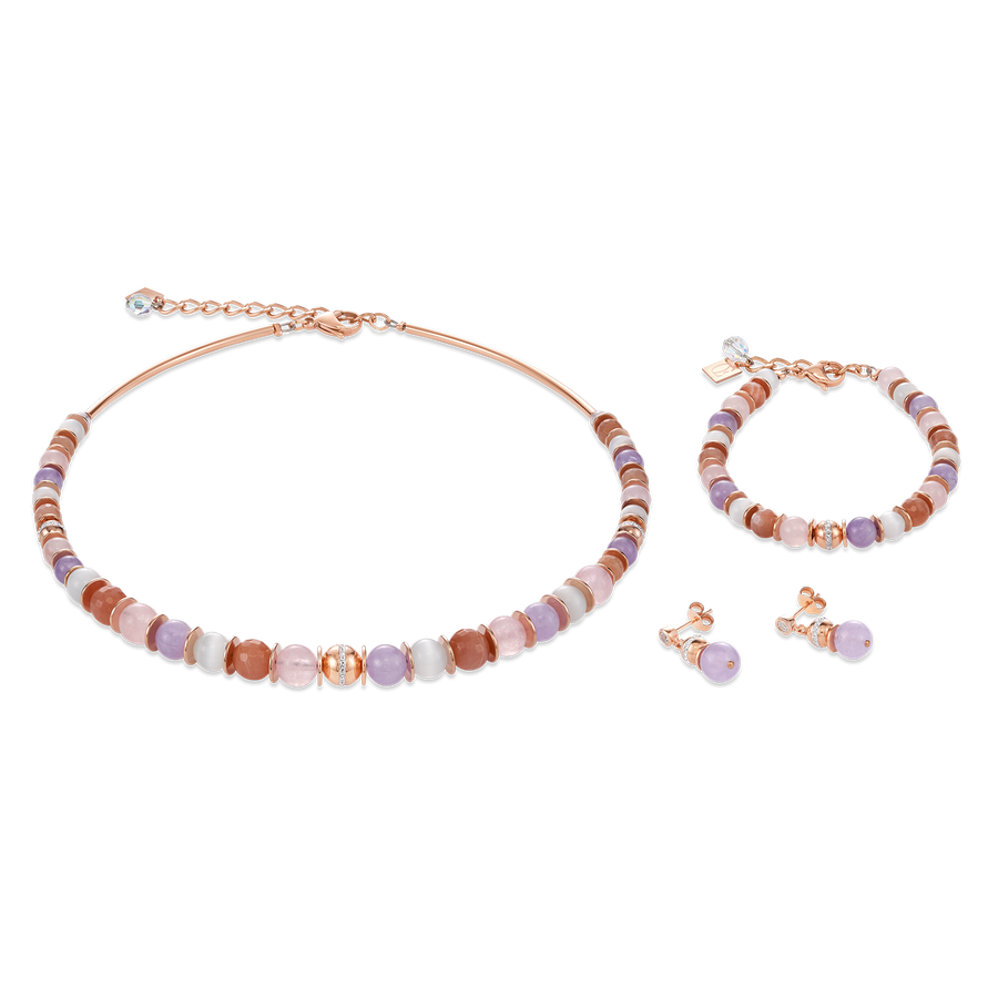 Ohrringe Kugel Edelsteine, Edelstahl roségold & Pavé-Kristalle rosa-beige