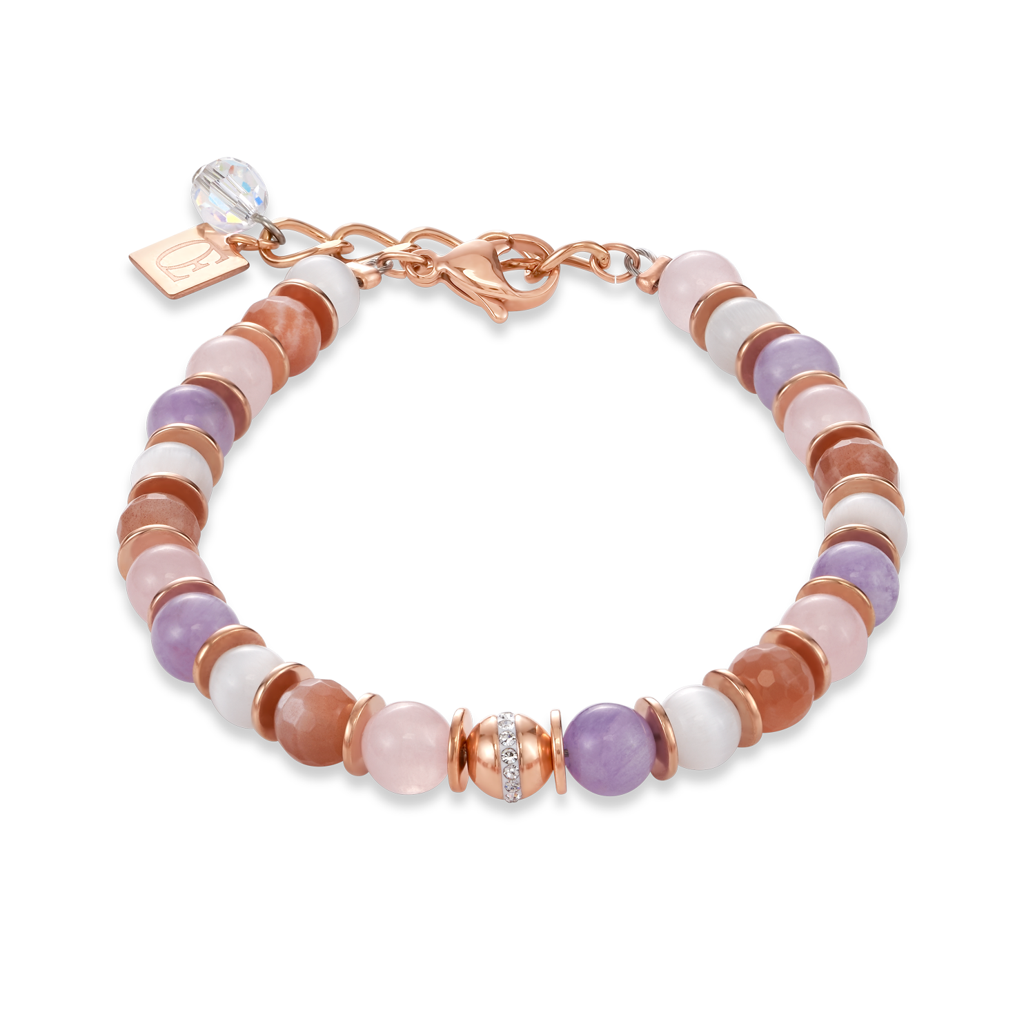 Armband Kugel Edelsteine, Edelstahl roségold & Pavé-Kristalle rosa-beige
