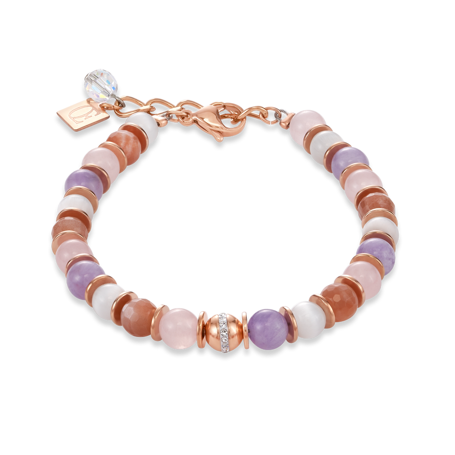 Armband Kugel Edelsteine, Edelstahl roségold & Pavé-Kristalle rosa-beige