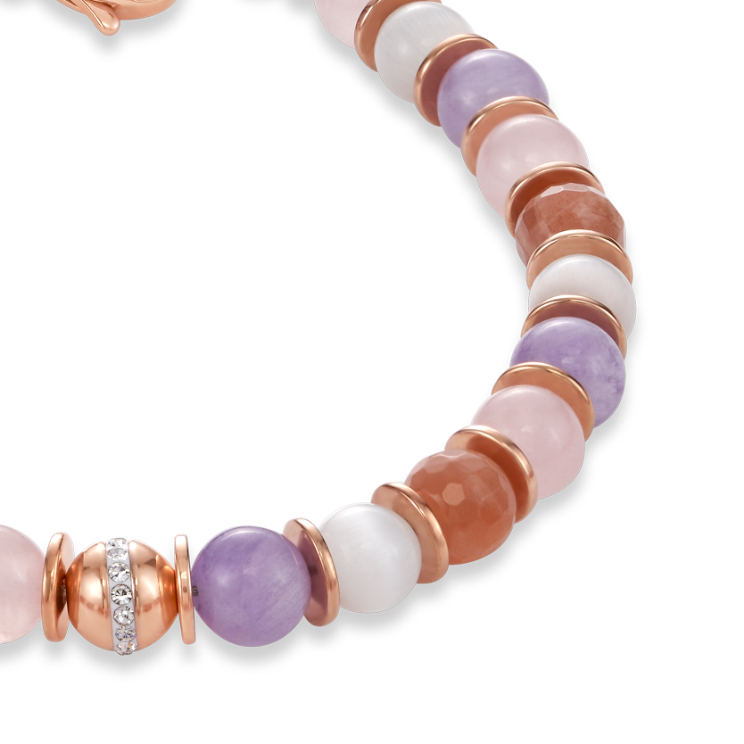Armband Kugel Edelsteine, Edelstahl roségold & Pavé-Kristalle rosa-beige