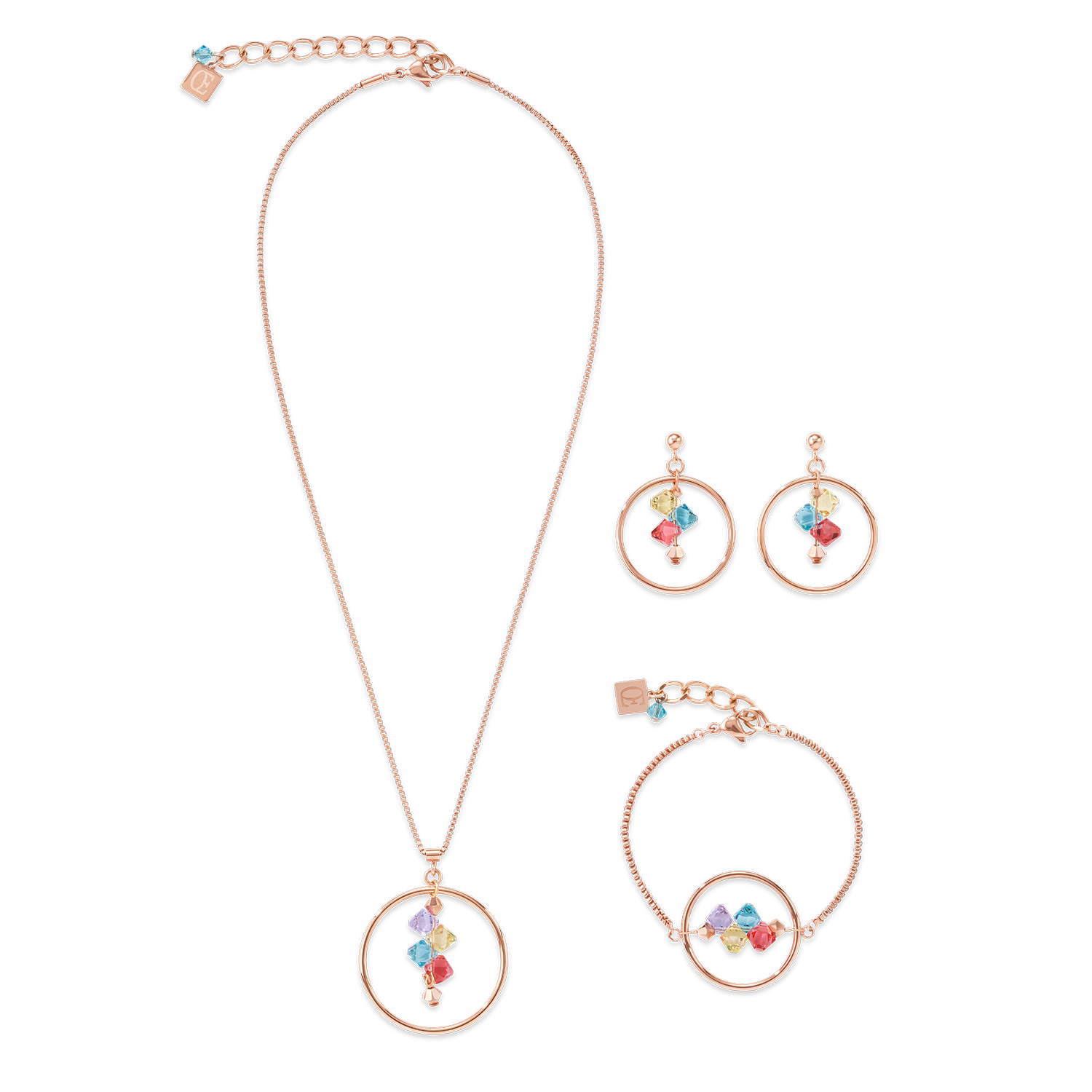 Halskette Edelstahl roségold Ring & Swarovski® Kristalle multicolor pastell 1