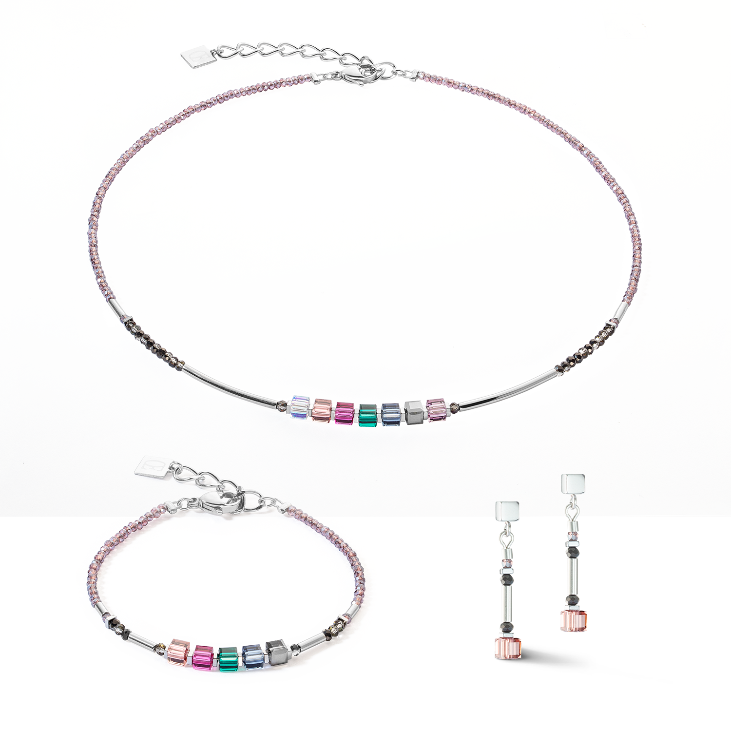 Cube Story Minimalistic Sparkling Ohrringe Multicolour Art Nouveau von COEUR DE LION – im Set mit passenden Schmuckstücken