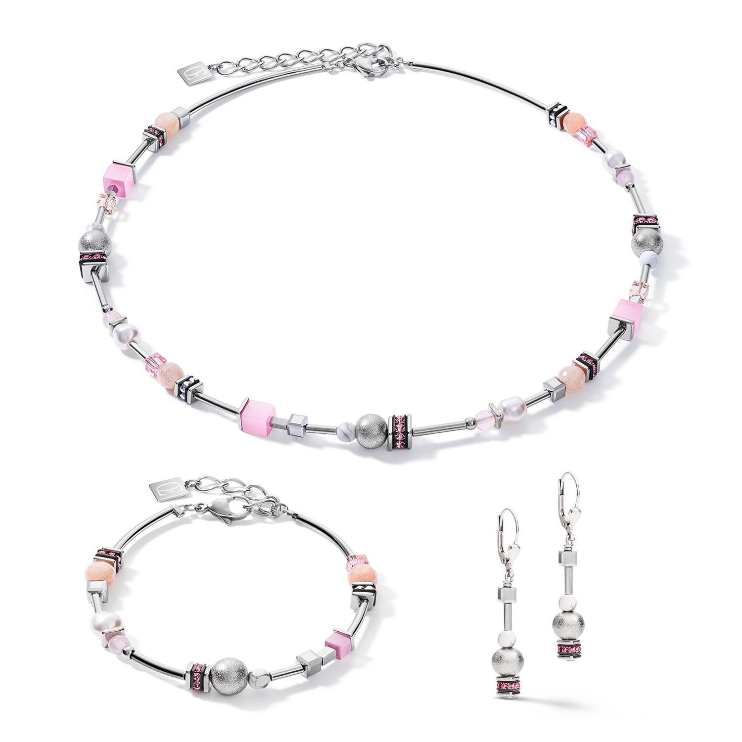 Ohrringe Pearls & Cubes Edelsteine silber-rosa