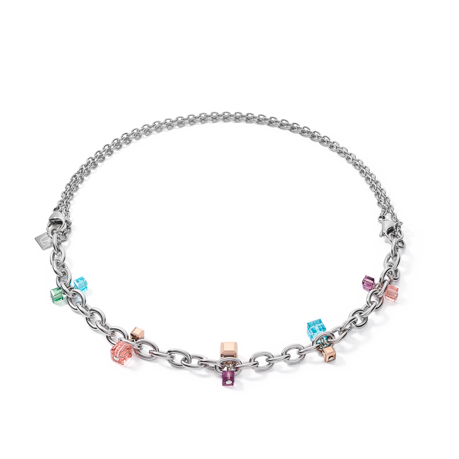 Halskette casual & chunky chain Edelstahl & Kristalle silber-multicolor Art Nouveau