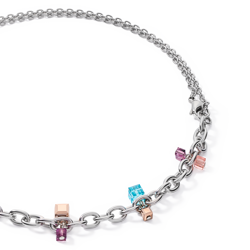 Halskette casual & chunky chain Edelstahl & Kristalle silber-multicolor Art Nouveau