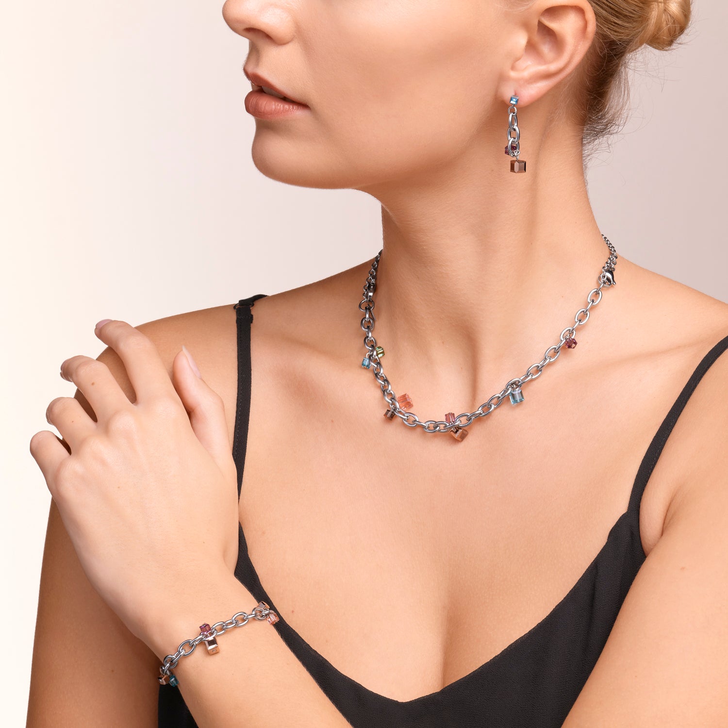 Armband casual & chunky chain Edelstahl & Kristalle silber-multicolor Art Nouveau