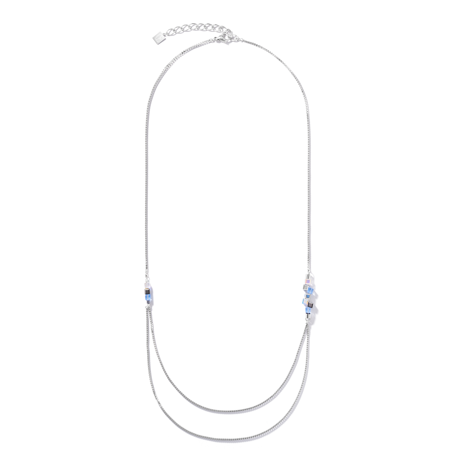 Halskette GeoCUBE® Cluster double chain long Edelstahl silber-hellblau