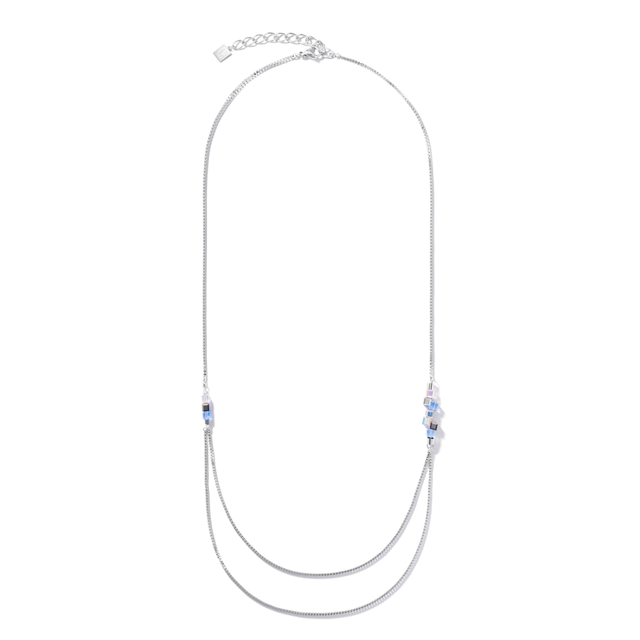 Halskette GeoCUBE® Cluster double chain long Edelstahl silber-hellblau
