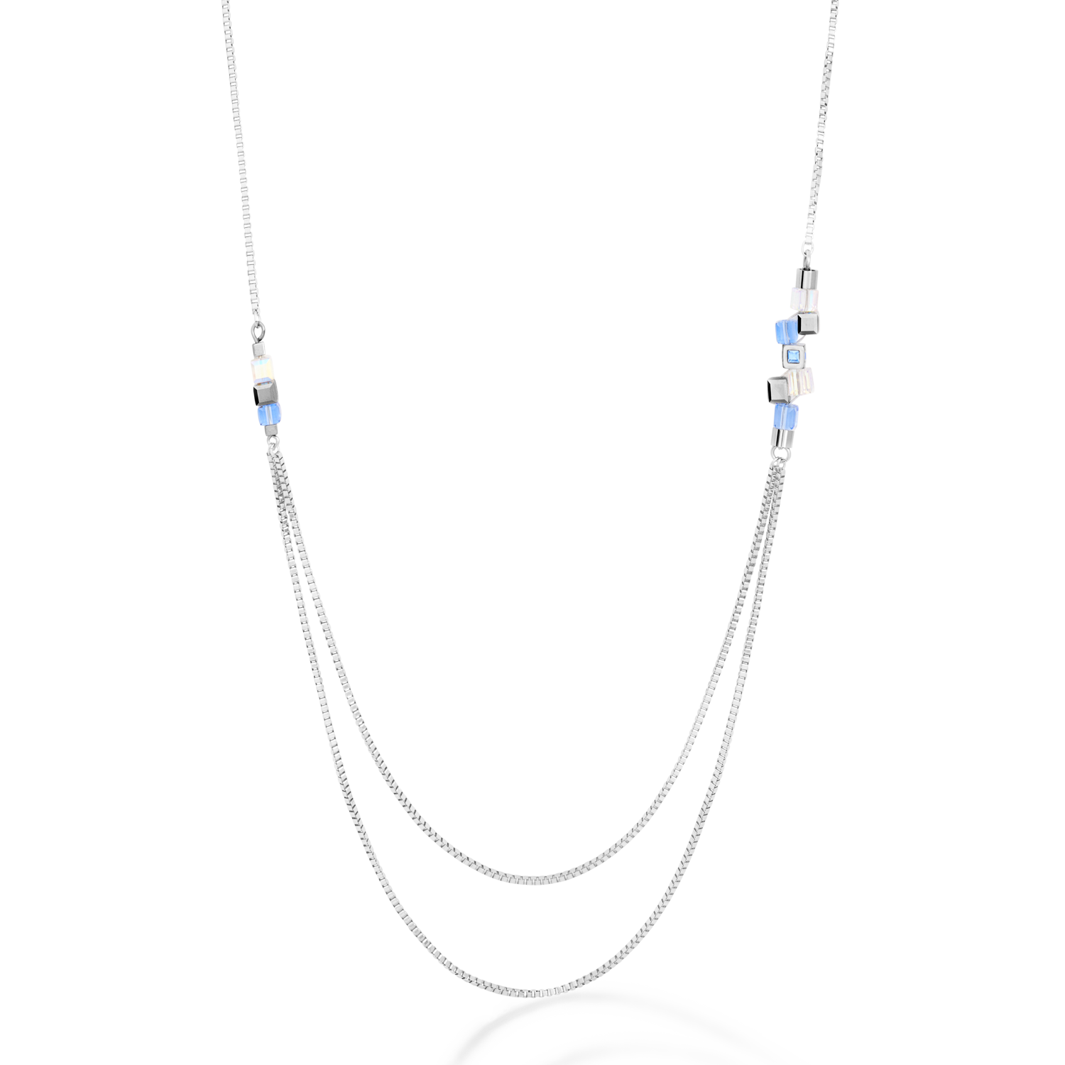 Halskette GeoCUBE® Cluster double chain long Edelstahl silber-hellblau