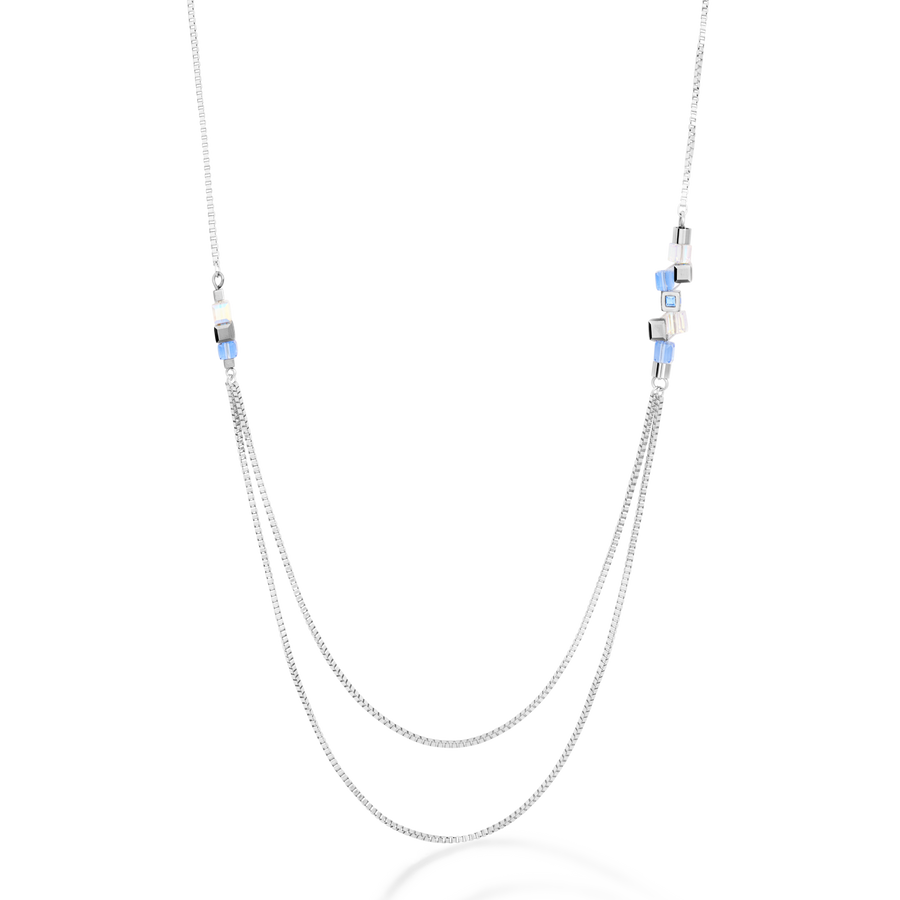 Halskette GeoCUBE® Cluster double chain long Edelstahl silber-hellblau
