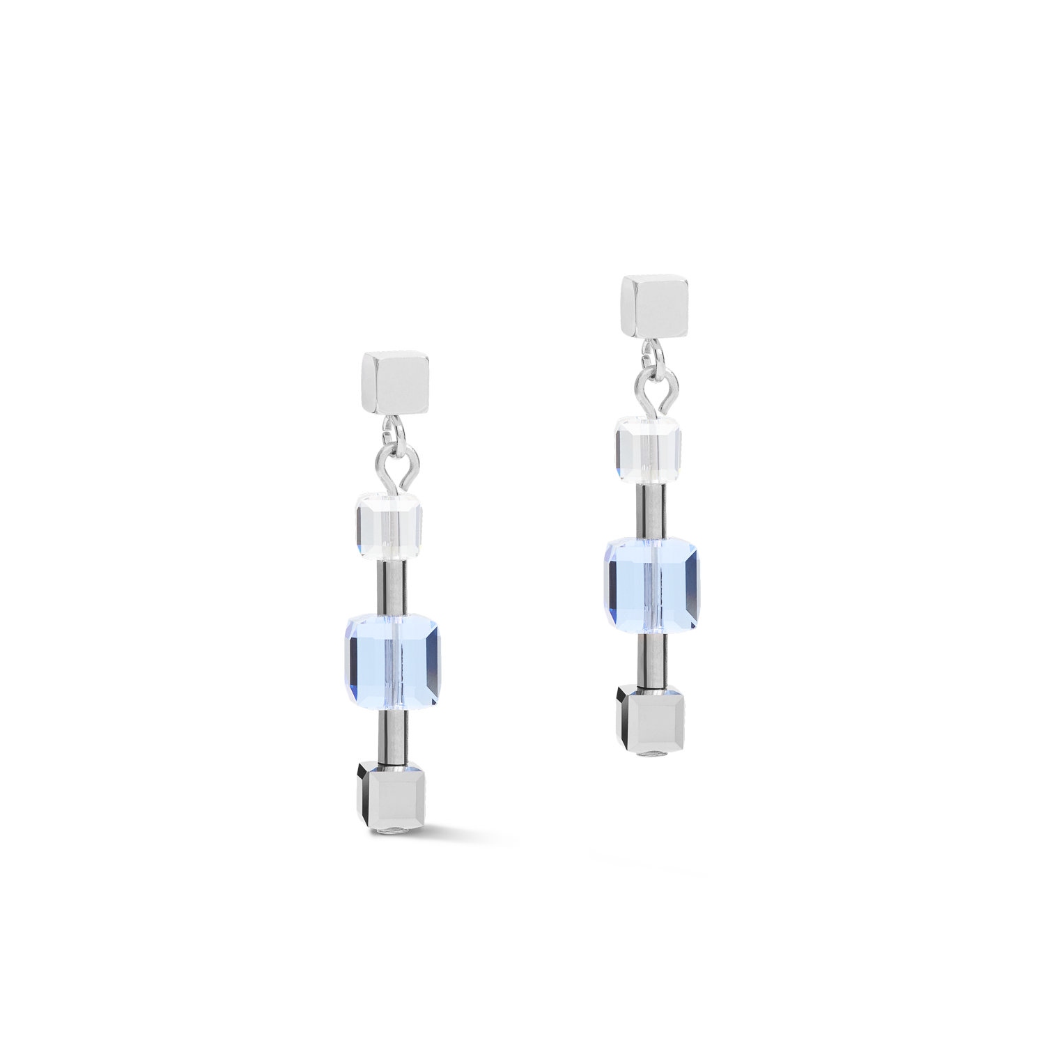 Ohrringe GeoCUBE® chain long Edelstahl & Kristalle silber-blau