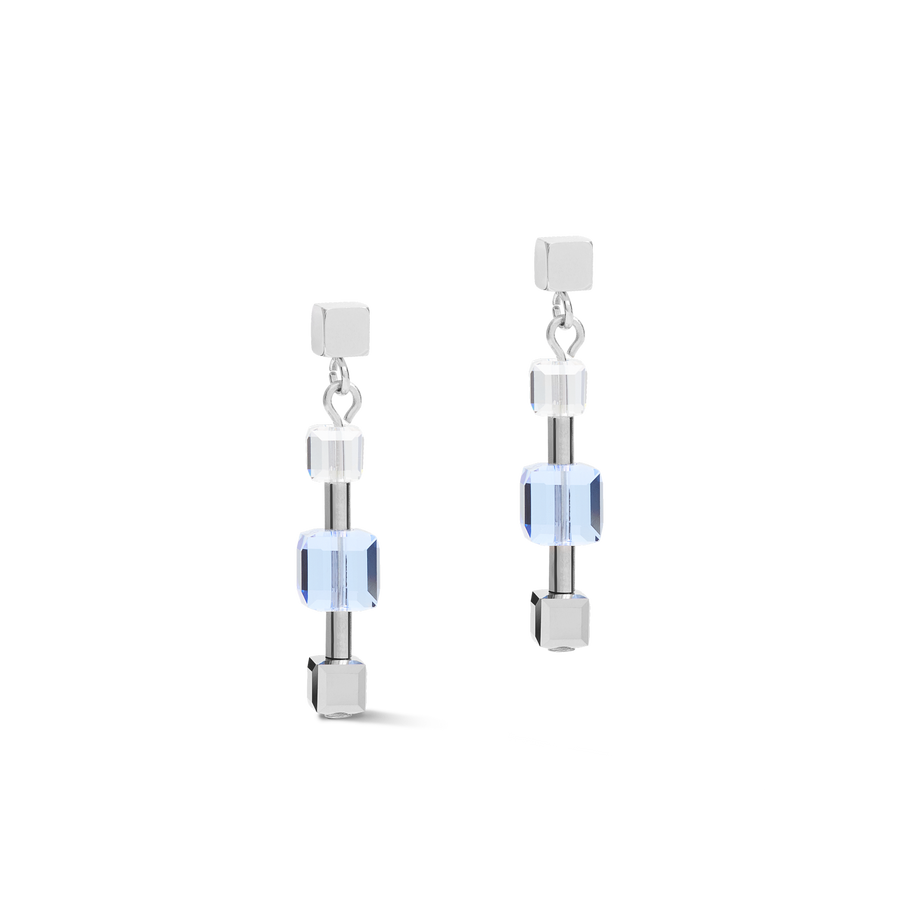 Ohrringe GeoCUBE® chain long Edelstahl & Kristalle silber-blau