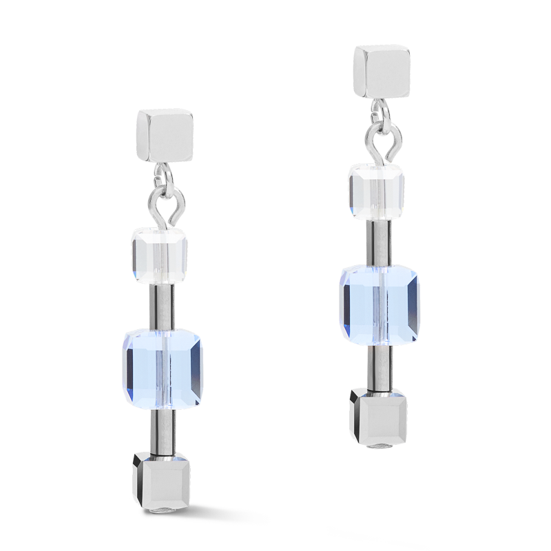 Ohrringe GeoCUBE® chain long Edelstahl & Kristalle silber-blau