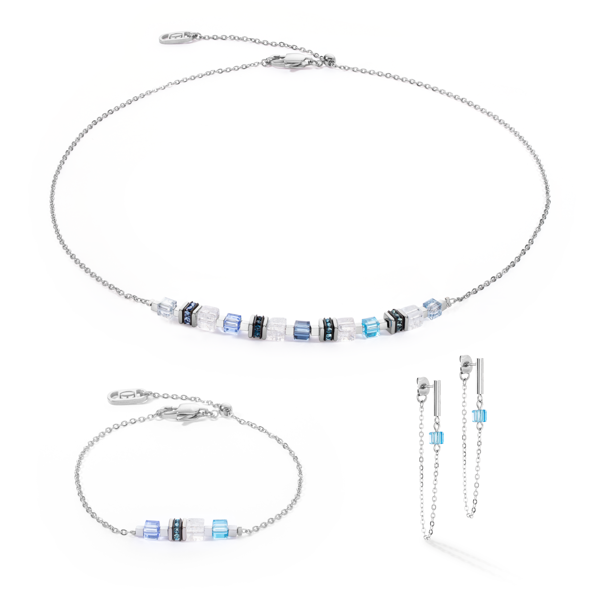 Ohrringe Mini Cubes & Chain Silber-Blau