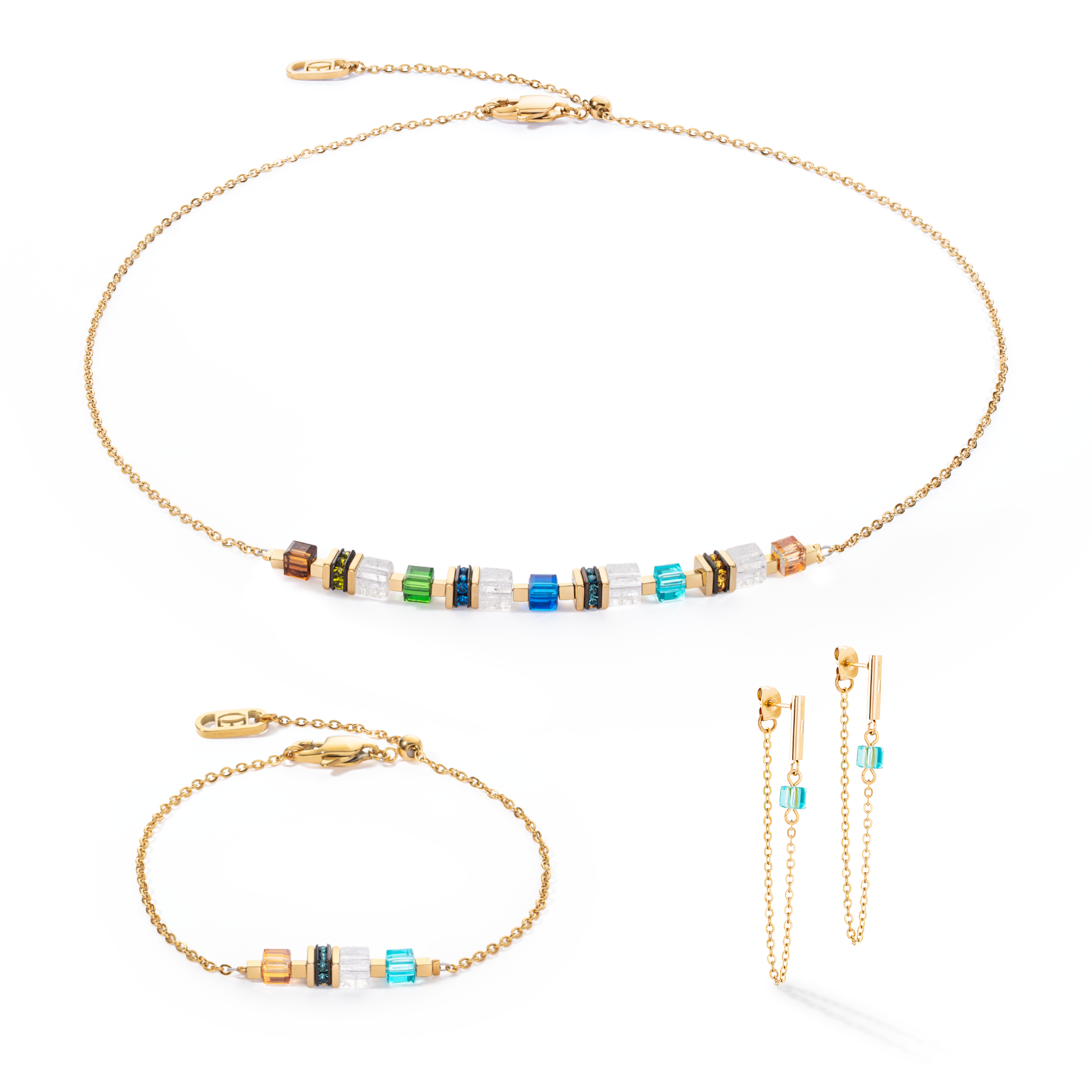 Ohrringe Mini Cubes & Chain Gold-Multicolor