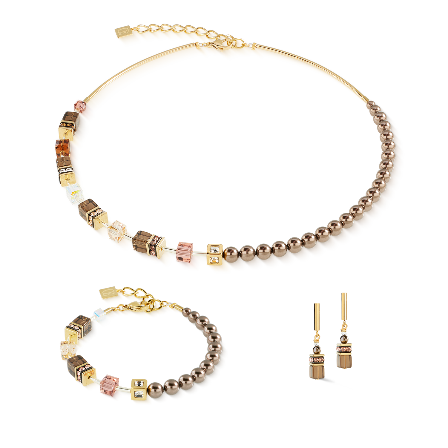 GeoCUBE® Precious Fusion Pearls Halskette Mocha Mousse von COEUR DE LION – im Set mit passenden Schmuckstücken