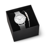 Geschenkset Uhr Rund Perlmutt Milanaise & Armband Asymmetrie Süßwasserperlen weiß-silber