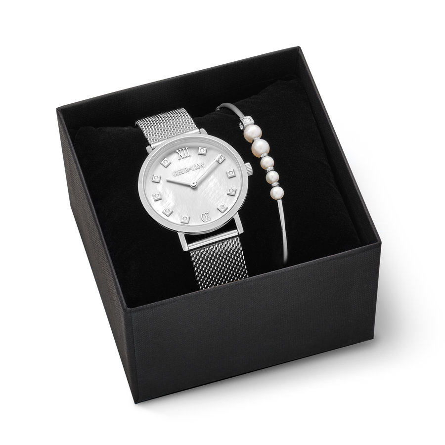 Geschenkset Uhr Rund Perlmutt Milanaise & Armband Asymmetrie Süßwasserperlen weiß-silber