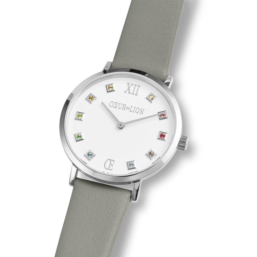 Uhr Rund Brilliant White Armband Leder Hellgrau