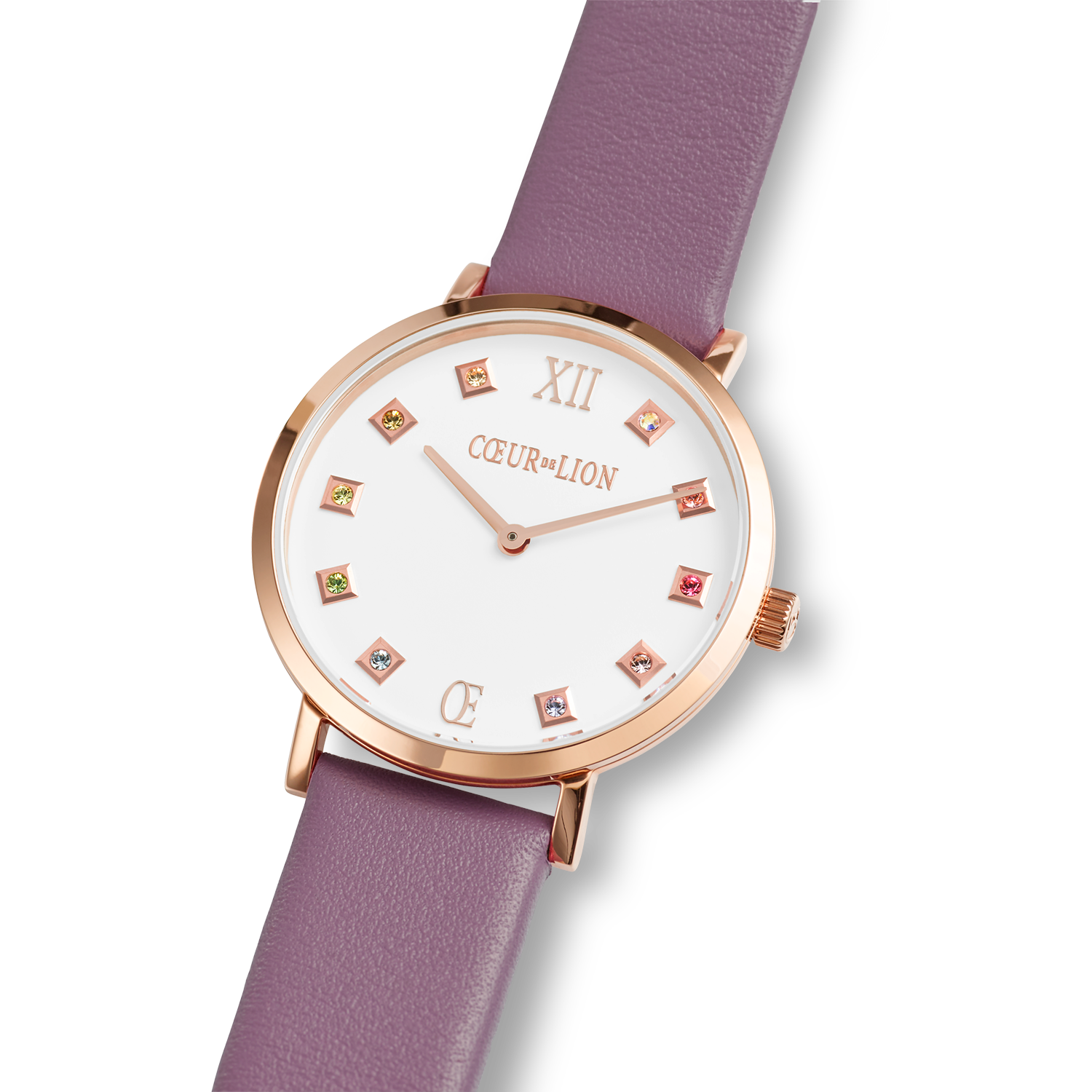Uhr Rund Brilliant White Armband Leder Mauve von COEUR DE LION – im Set mit passenden Schmuckstücken