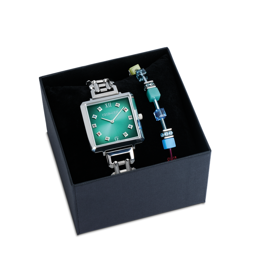 Geschenkset Uhr Iconic Cube Turquoise Glaze silber & GeoCUBE® Iconic Armband Magic silber