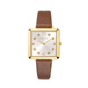Uhr Iconic Square Gold White Sunray Armband Leder Classy Braun von COEUR DE LION