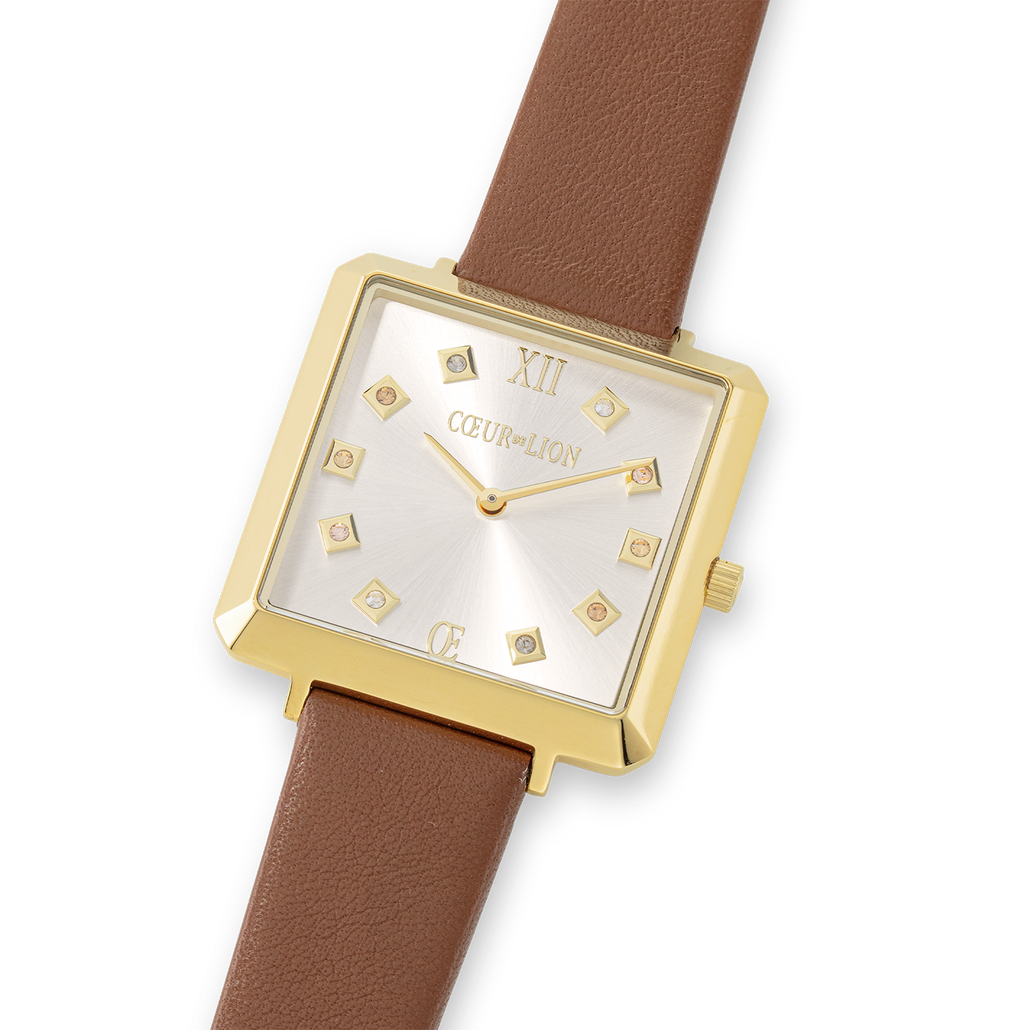 Uhr Iconic Square Gold White Sunray Armband Leder Classy Braun von COEUR DE LION – im Set mit passenden Schmuckstücken