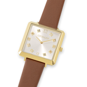 Uhr Iconic Square Gold White Sunray Armband Leder Classy Braun von COEUR DE LION – im Set mit passenden Schmuckstücken