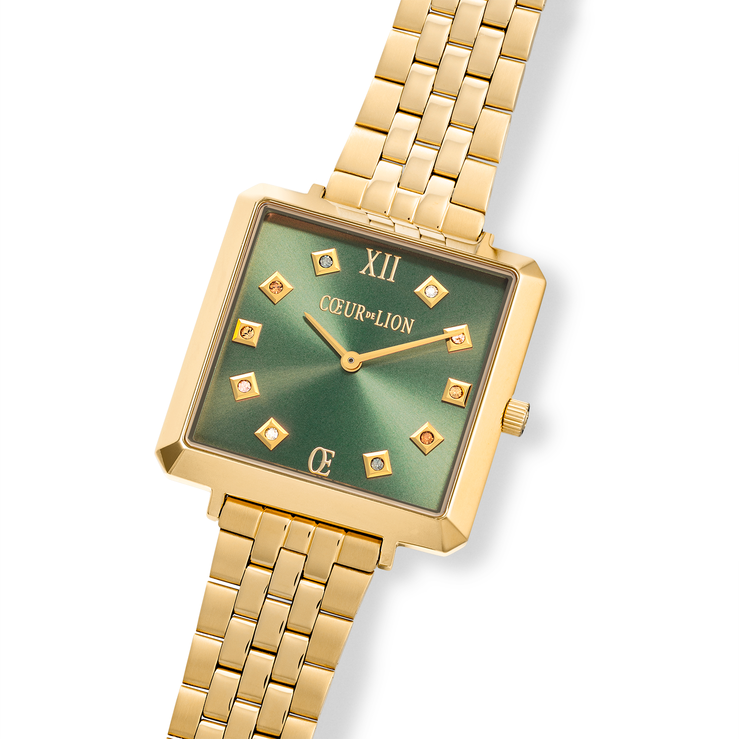Uhr Iconic Square Glamorous Green Edelstahl Gold von COEUR DE LION – im Set mit passenden Schmuckstücken