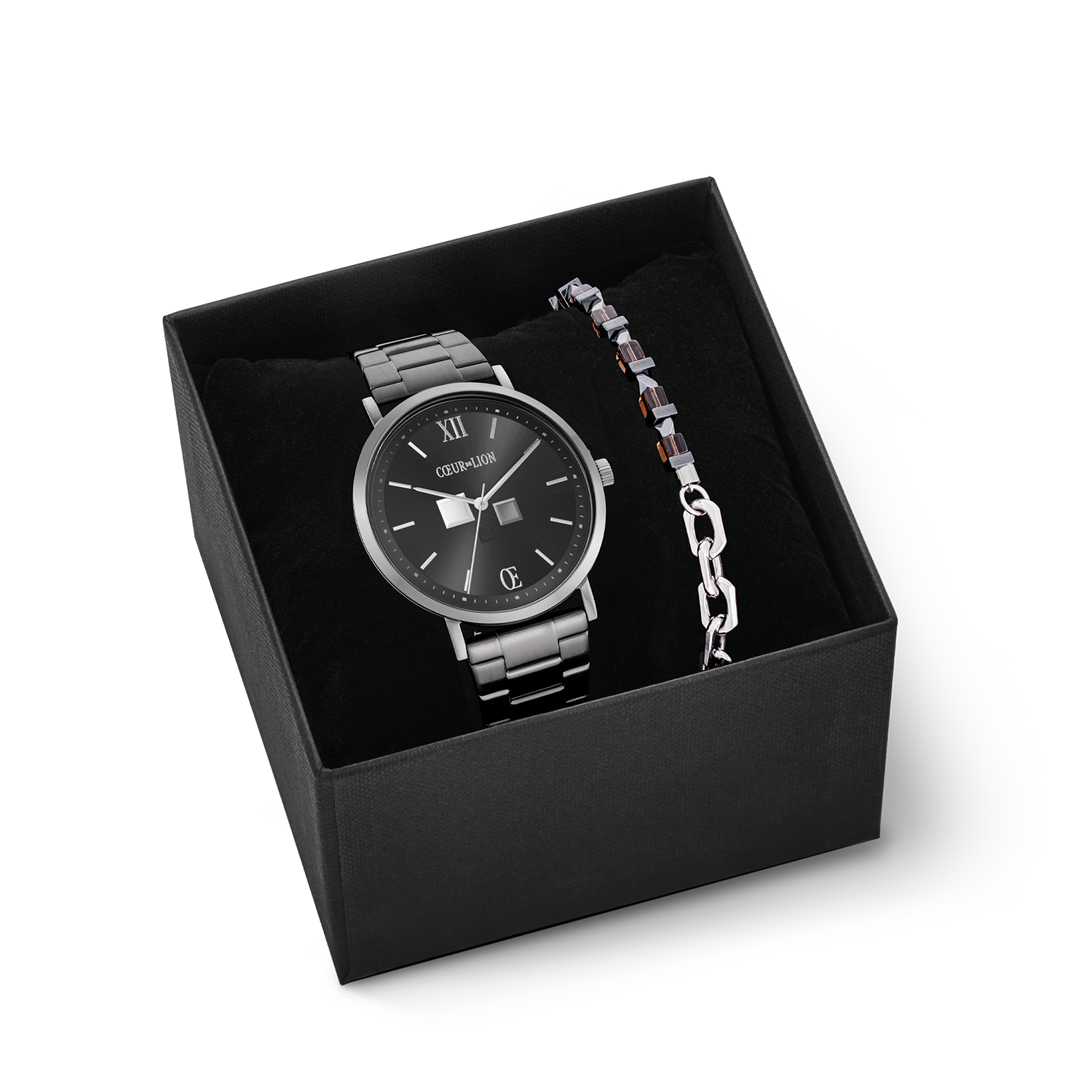 Geschenkset Uhr Rund Statement Anthrazit Sunray &amp; Armband Precious Fusion link chain braun-Silber von COEUR DE LION