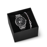 Geschenkset Uhr Rund Statement Anthrazit Sunray & Armband Precious Fusion link chain braun-Silber