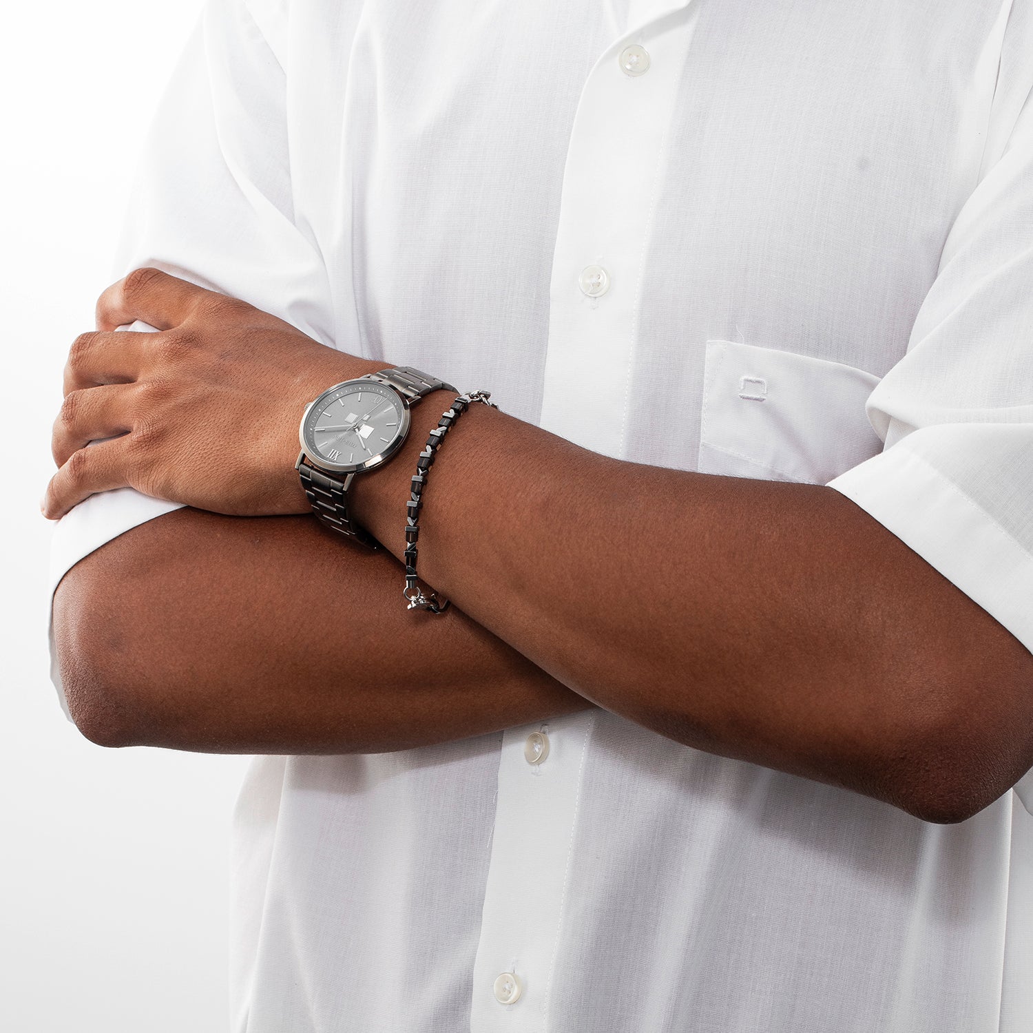 Geschenkset Uhr Rund Statement Anthrazit Sunray & Armband Precious Fusion link chain braun-Silber