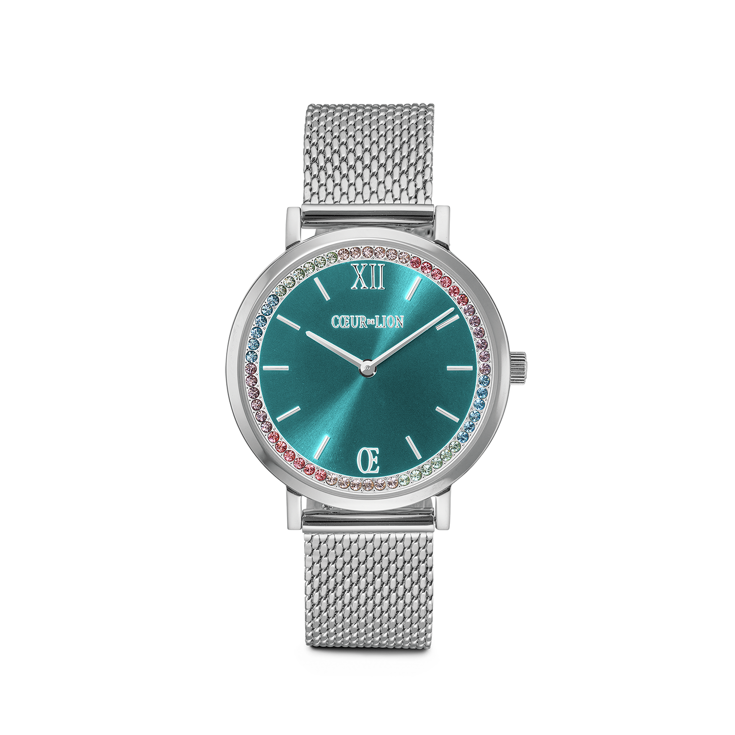 Uhr Rund Sparkling Sunray Transformative Teal Milanaise silber von COEUR DE LION
