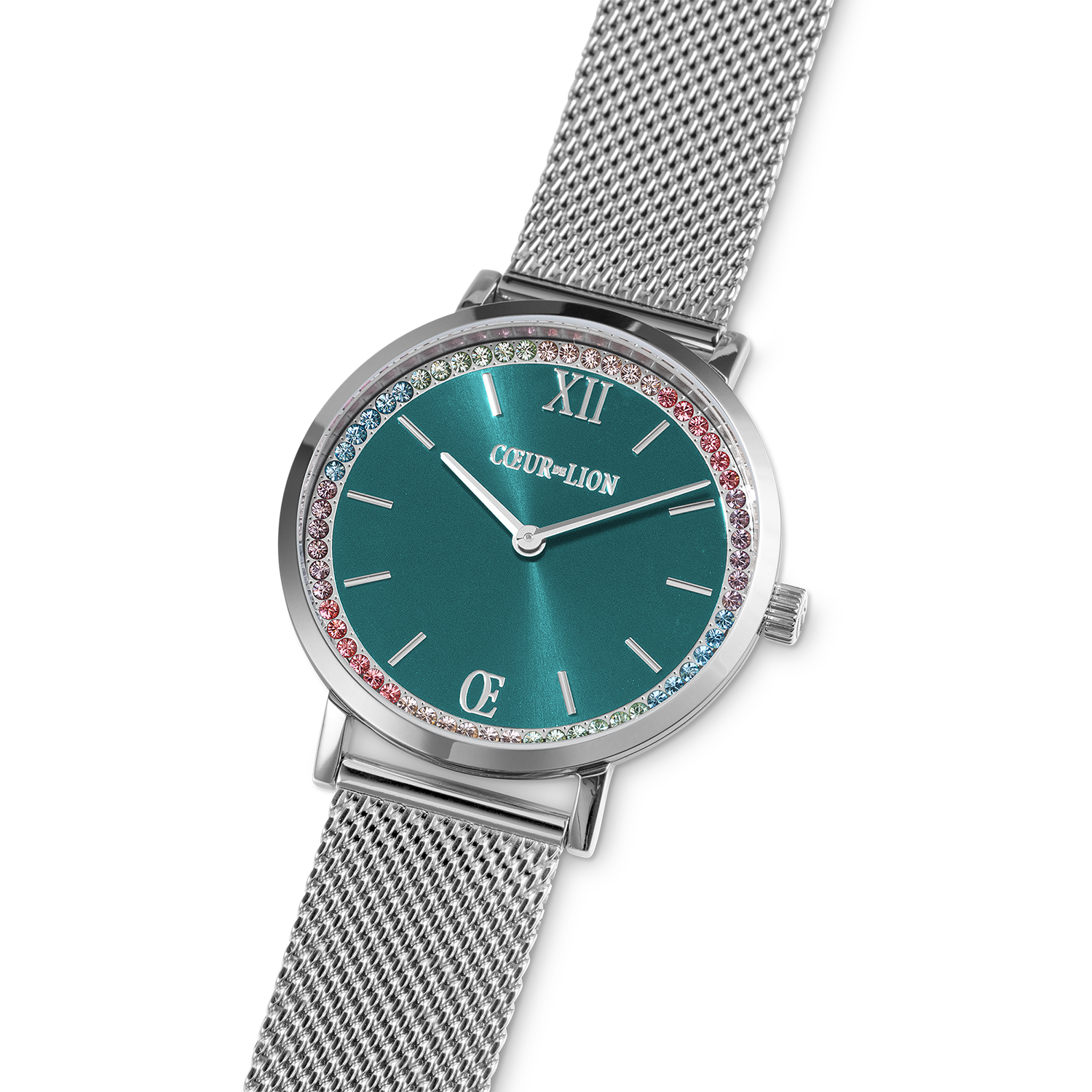 Uhr Rund Sparkling Sunray Transformative Teal Milanaise silber von COEUR DE LION – Detailaufnahme