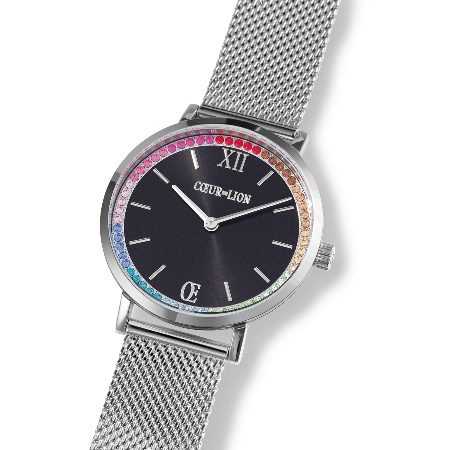 Uhr Rund Sparkling Rainbow Sunray Black Milanaise Silber von COEUR DE LION – im Set mit passenden Schmuckstücken