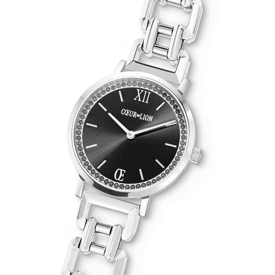 Uhr Rund Sparkling Mysterious Black Statement silber