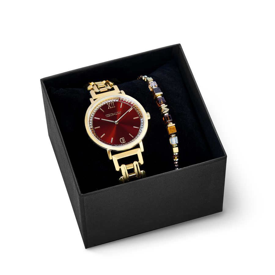 Geschenkset Uhr Rund Sparkling Festive Red & Armband Wave Cube Flow gold-braun
