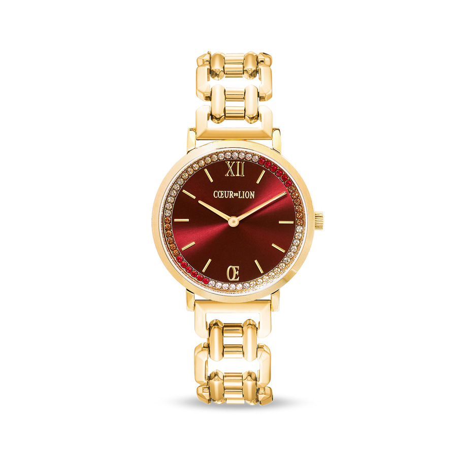 Geschenkset Uhr Rund Sparkling Festive Red & Armband Wave Cube Flow gold-braun
