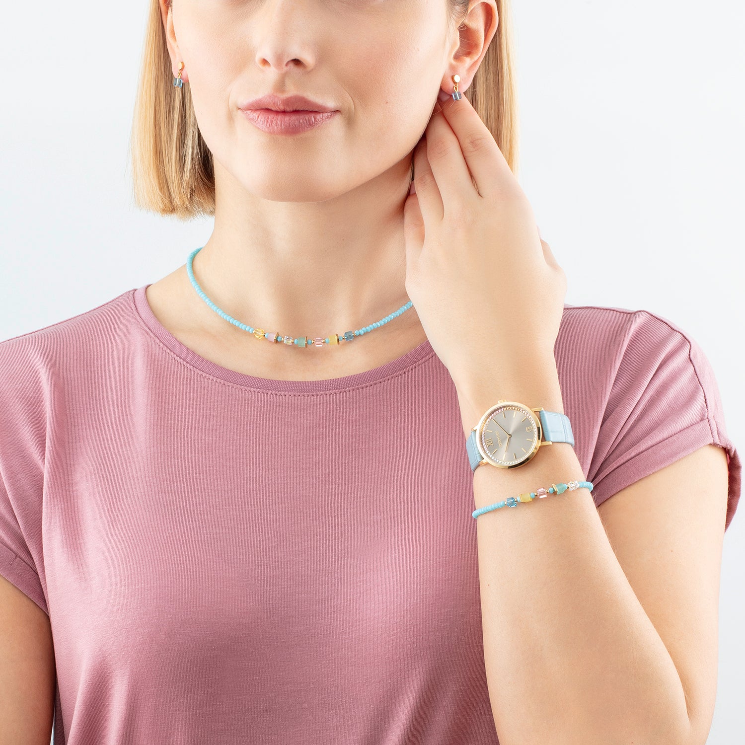 Uhr Rund Pastel Lovers Gold Armband Leder Blau