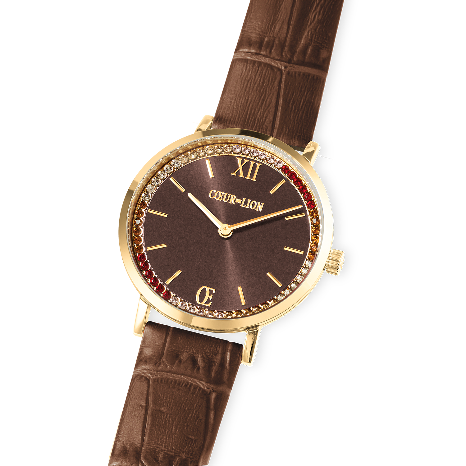 Uhr Rund Sparkling Sunray Armband Leder Braun gold von COEUR DE LION – Detailaufnahme