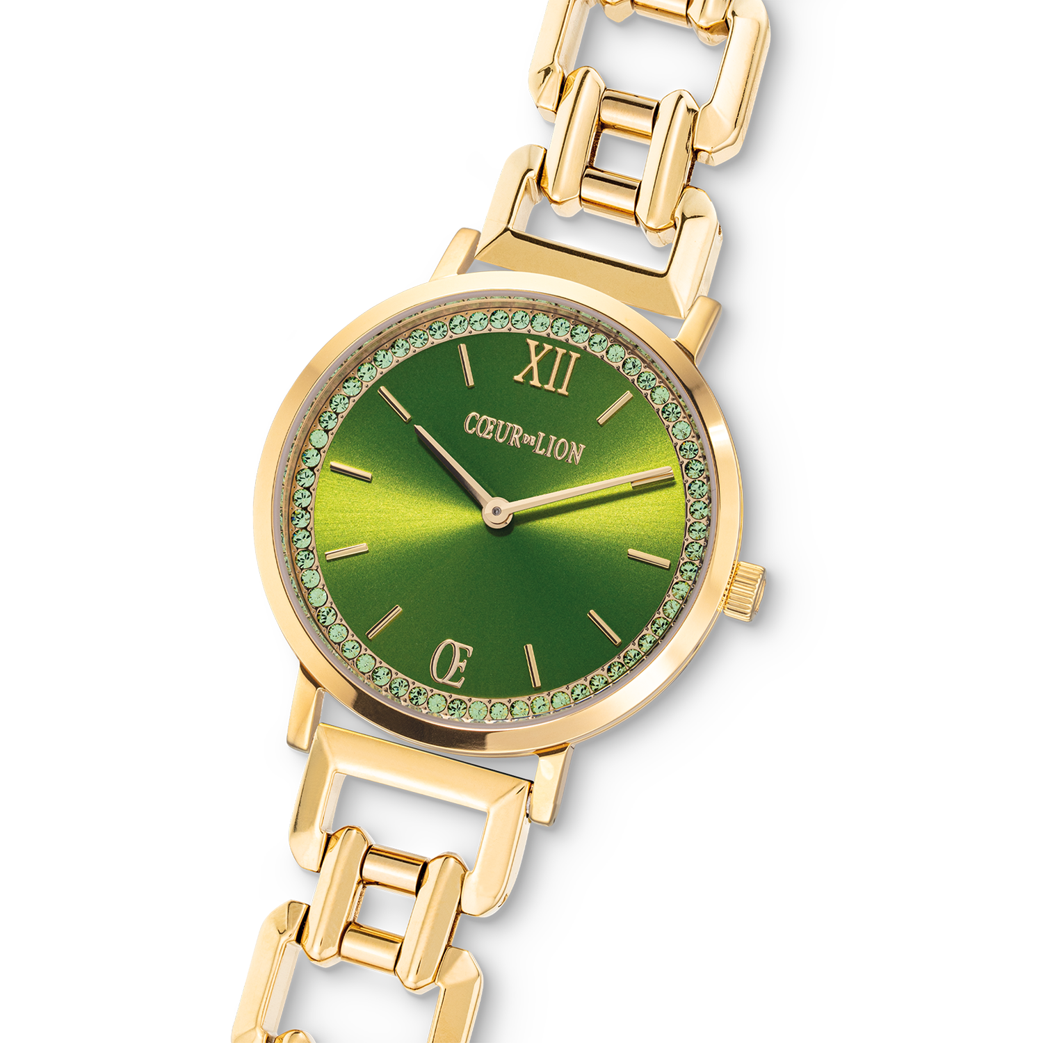 Uhr Rund Sparkling Fabulous Green Statement Gold von COEUR DE LION – im Set mit passenden Schmuckstücken