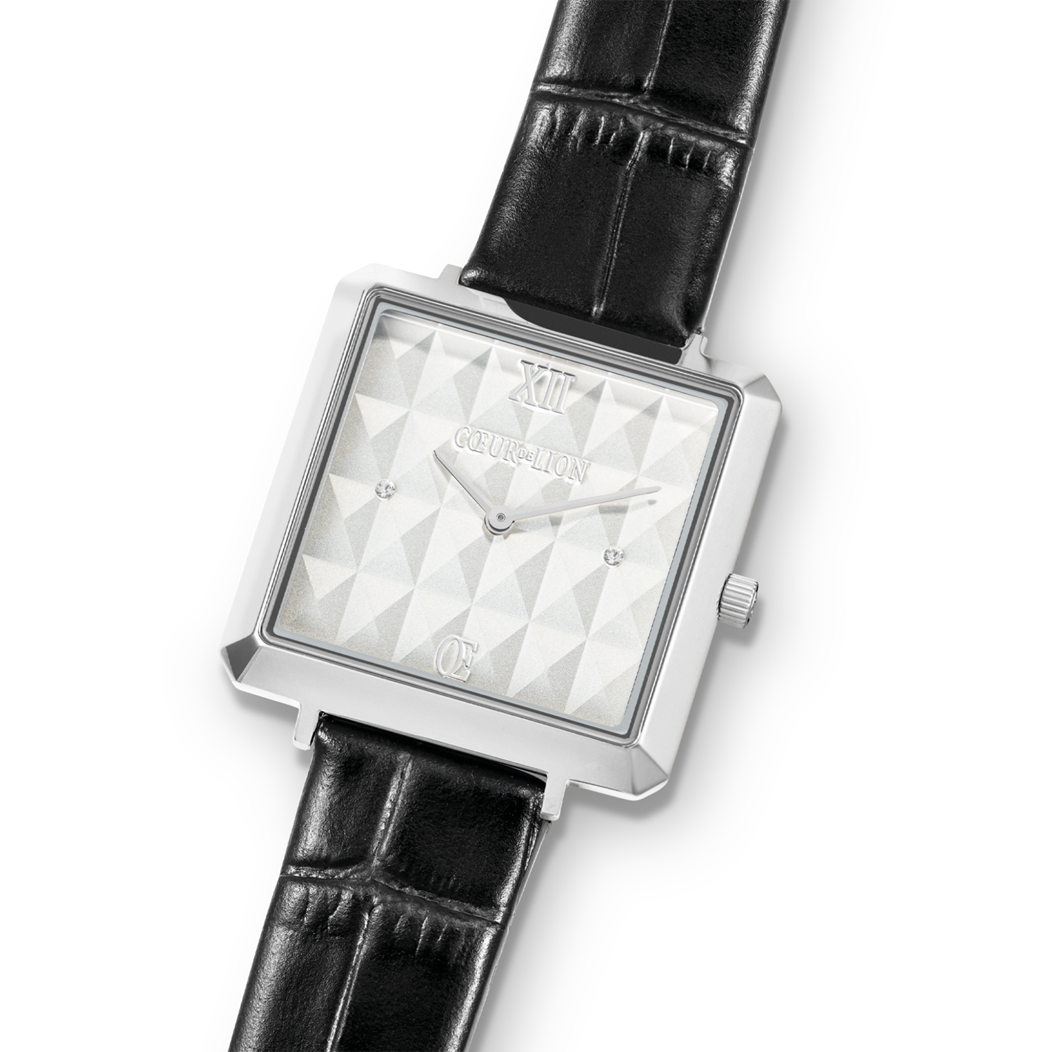 Uhr Iconic Cube Spikes Silber Armband Leder Schwarz von COEUR DE LION – im Set mit passenden Schmuckstücken