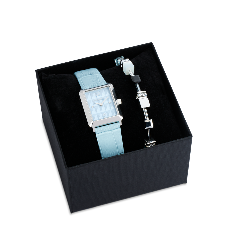 Uhr Iconic Spikes Sky Blue Silber & GeoCUBE® Iconic Armband Ice Serenity