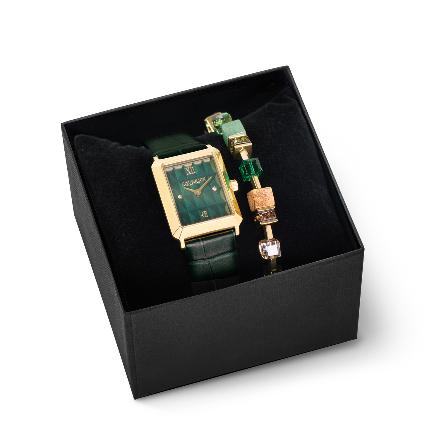 Geschenkset Uhr Iconic Spikes Forest Green Gold & GeoCUBE® Armband Emerald Garden