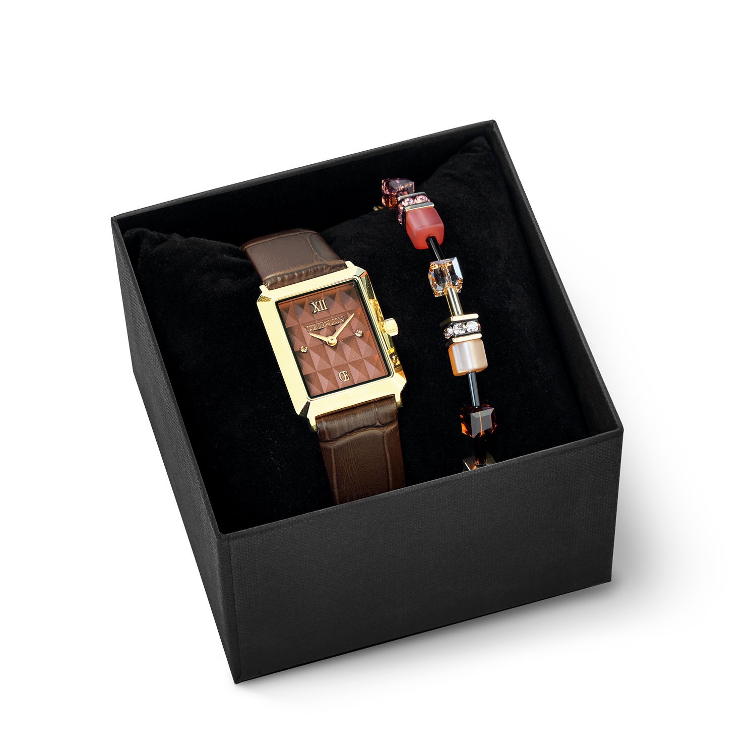 Geschenkset Uhr Iconic Spikes Mocha Mousse Gold & GeoCUBE Iconic Armband Earth Mirage